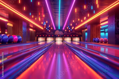 realistic 3d bowling alley scene with vibrant neon lights sports illustration 18 photo