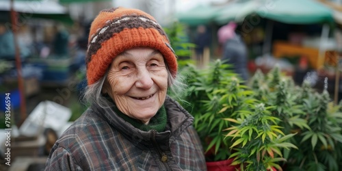 An elderly europian woman at the market sells marijuana bushes. The woman smiles and looks at the camera. new law about marijuana photo