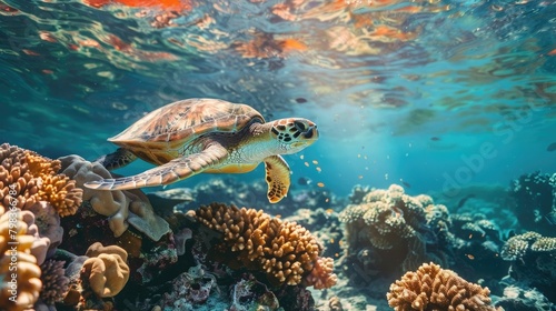 Explore the underwater world in a prompt highlighting a majestic Loggerhead Sea Turtle gracefully navigating its reef habitat