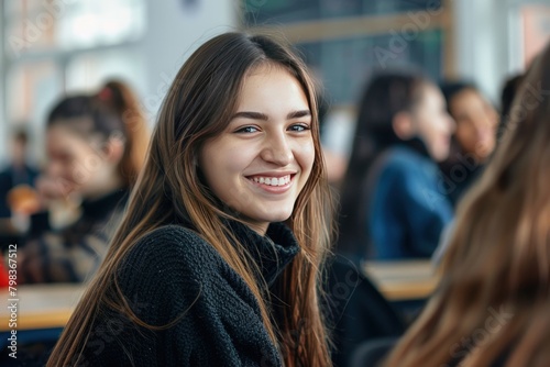 Wallpaper Mural Portrait of beautiful smiling female student sitting in the class. Generate AI image Torontodigital.ca