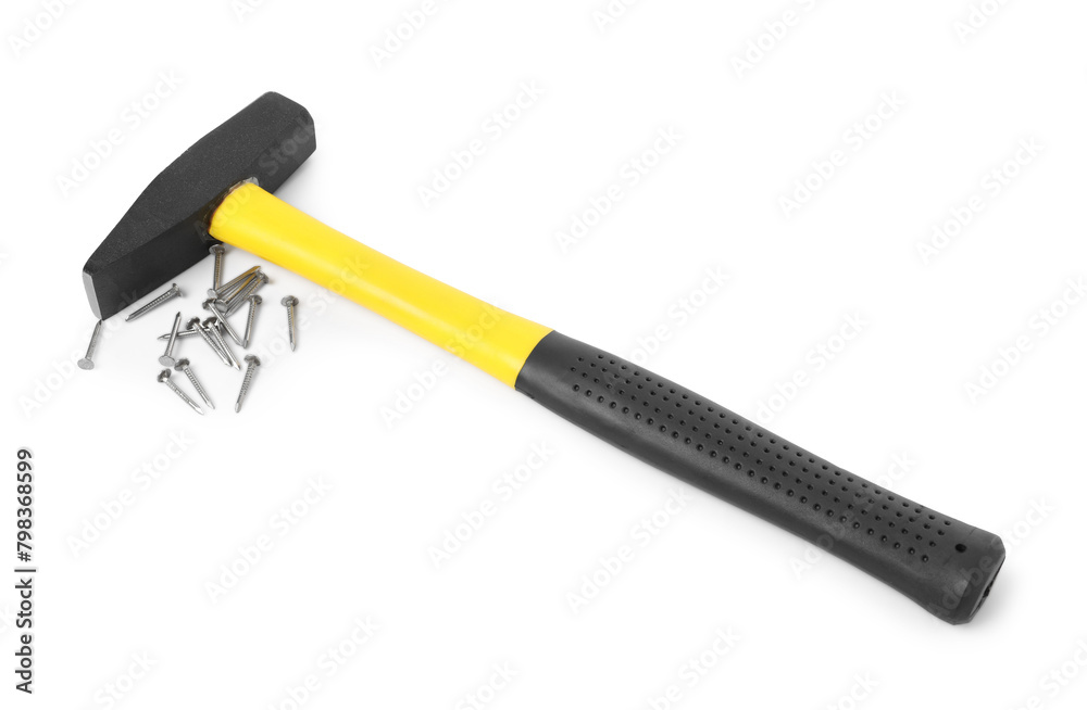 Hammer and metal nails isolated on white Hammer and metal nails isolated on white