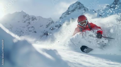 Skier in red launching through powdery snow with mountain backdrop.