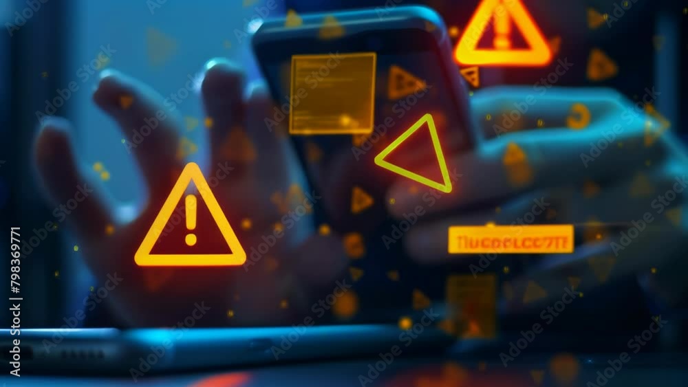 A person uses a smartphone displaying a glowing warning triangle and ...
