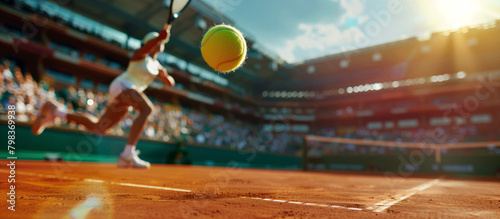 A tennis player in a dynamic serve on a clay court, showing intense focus and agility during a competitive match in a sunlit stadium.
