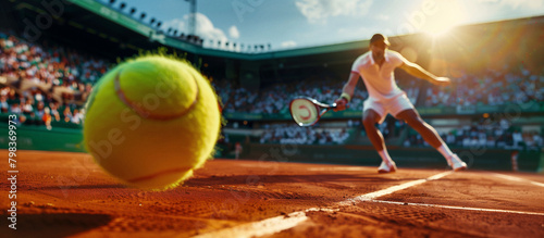 A tennis player in a dynamic serve on a clay court, showing intense focus and agility during a competitive match in a sunlit stadium.