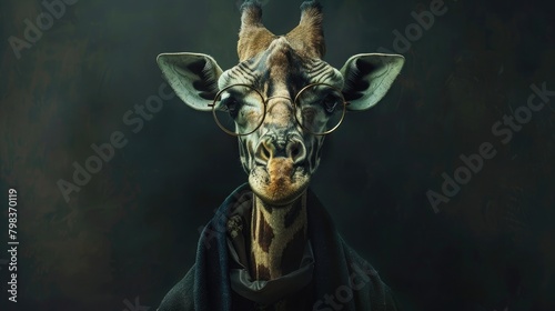 Generate a sense of wonder with a prompt presenting a poster of a giraffe adorned in a cloak and glasses