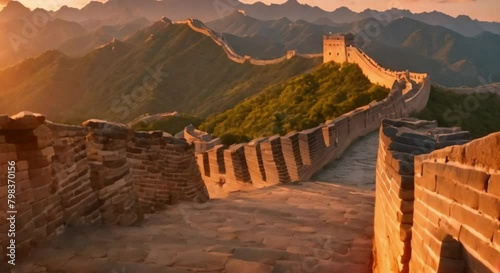 3d view of the Great Wall of China, beautiful mountain background photo