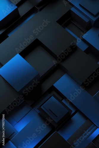 Generate a template with abstract black and blue geometric, incorporating overlapping elements, shadows, and lighting effects for a modern and tech-inspired background design