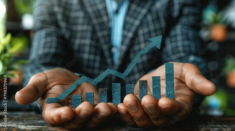 Fototapeta premium Market Prosperity: Businessman Signals Business Growth with Arrow and Percentage