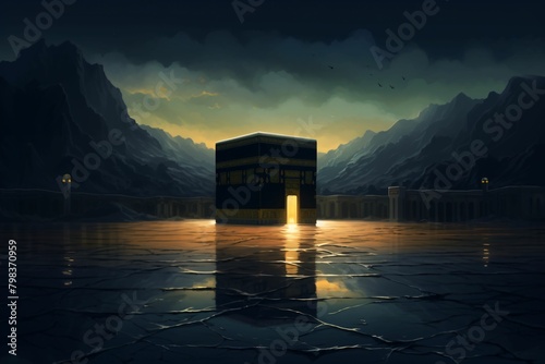 Illustration of Masjidil Haram Mosque in Makkah city with people praying around of Kaaba
