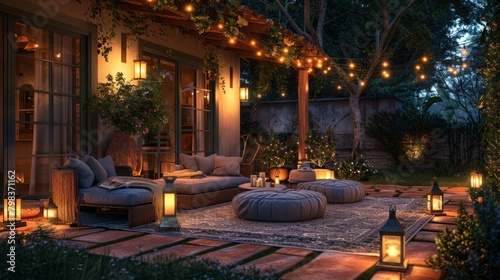Cozy outdoor patio setup with warm lights at twilight.