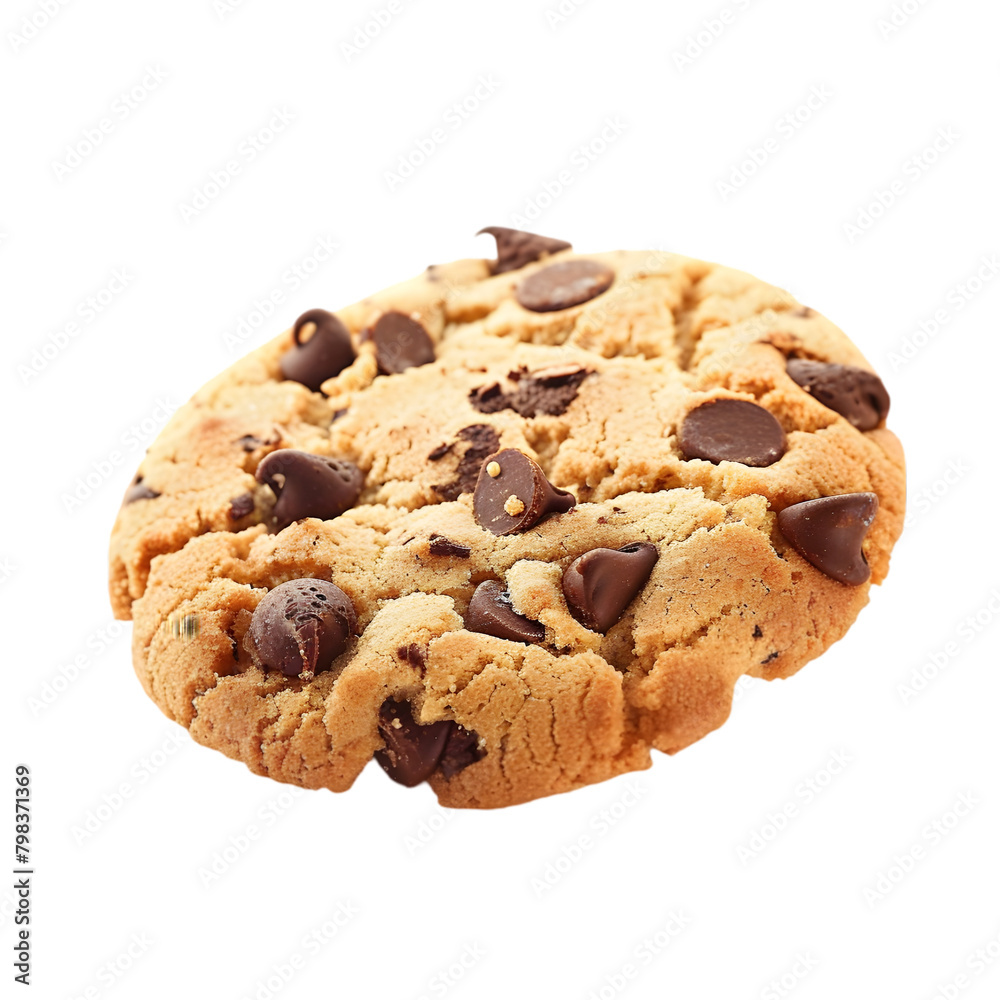 A freshly baked chocolate chip cookie, its texture crisp and inviting, transparent background, PNG Cutout A freshly baked chocolate chip cookie, its texture crisp and inviting, transparent background, PNG Cutout