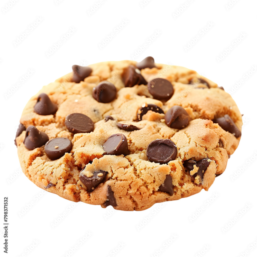 A freshly baked chocolate chip cookie, its texture crisp and inviting, transparent background, PNG Cutout A freshly baked chocolate chip cookie, its texture crisp and inviting, transparent background, PNG Cutout