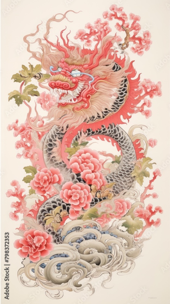 Gold and silver and pink chinese dragon pattern drawing nature.