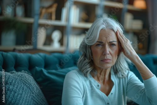 A middle-aged woman with gray hair, distressed and fatigued, touching her temple while sitting on a sofa, experiencing symptoms of menopause. © SnapVault