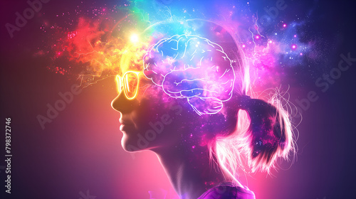 Side view of beautiful woman with glowing brain in her head. 3D rendering