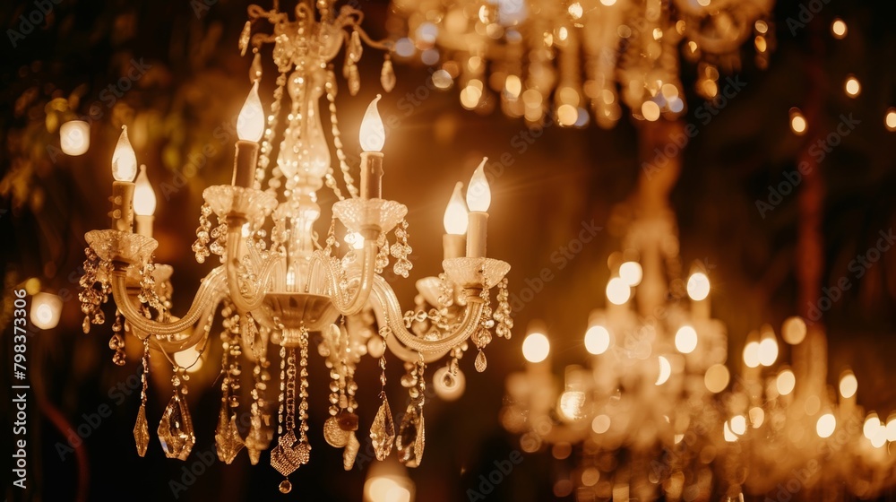 The chandeliers above are softly lit with candles providing a warm and intimate atmosphere for guests to mingle and celebrate. 2d flat cartoon.