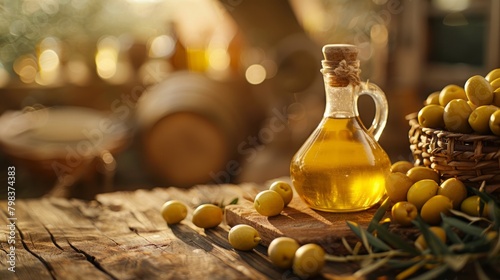 Golden olive oil and fresh olives bask in rustic kitchen glow. photo