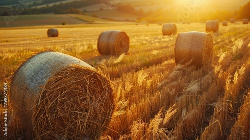 Golden hay bales in field at sunset with long shadows. photo