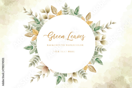 watercolor green leaves wreath with gold circle © retno