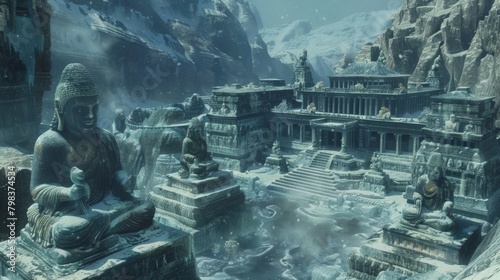 A sprawling temple complex lies buried deep in the mountains only accessible by treacherous icy paths. Inside rows of frozen statues . .