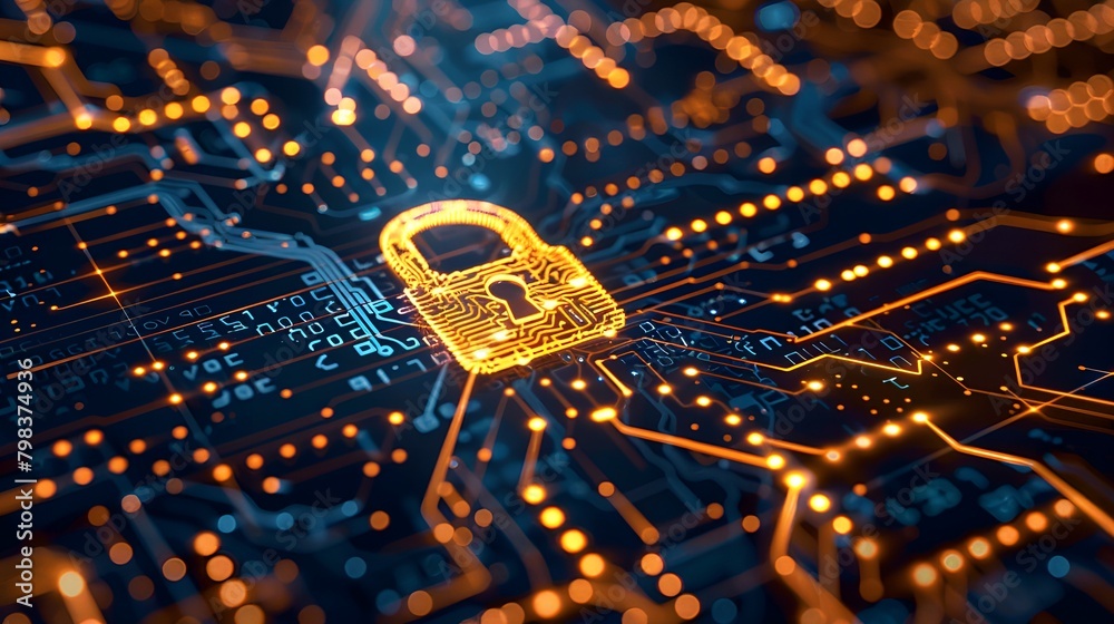 Digital Security Lock Icon on Circuit Board Representing Cybersecurity Technology Digital Security Lock Icon on Circuit Board Representing Cybersecurity Technology
