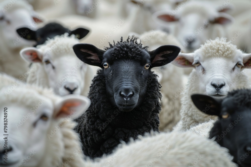 Fototapeta premium Black sheep. Backdrop with selective focus and copy space