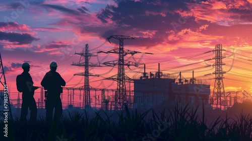 Silhouettes of two engineers standing at a power station, discussing plans, industrial, pollution, factory, environment, smoke, sky, ecology, plant, steam