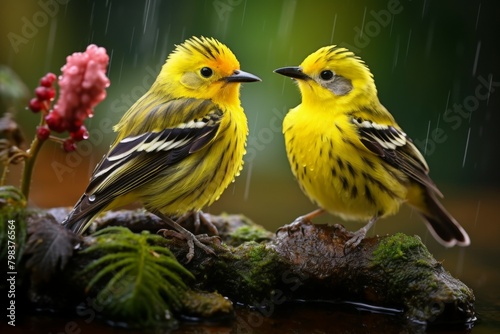 Two yellow birds are standing on a rock near a pink flower