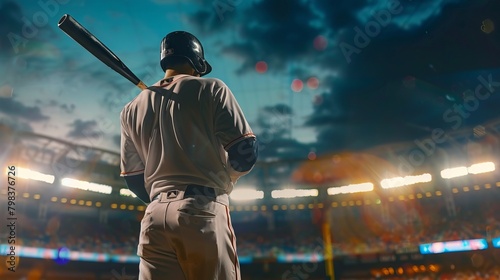 Baseball player watching his hit at a floodlit stadium during twilight.