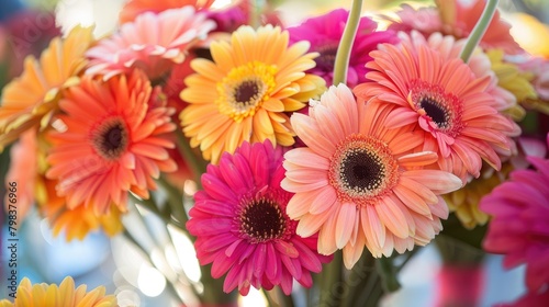 A vibrant bouquet of Gerbera daisies dazzled from the center of the table