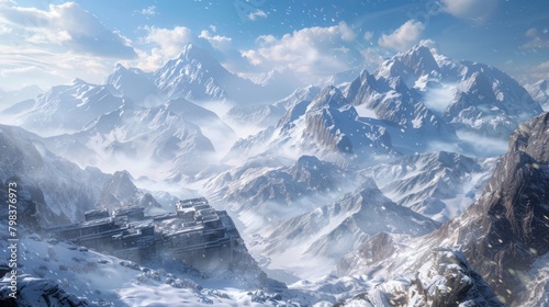 A snowy mountain range with peaks so high they seem to touch the clouds. In the midst of the icy landscape stands a colossal ruin . .