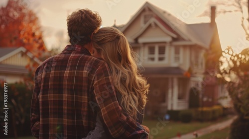 Couple embracing while looking at a cozy suburban home.