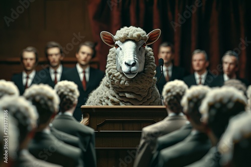 Sheep speaker, public speaking among people. Metaphorical concept. Background with selective focus and copy space © top images