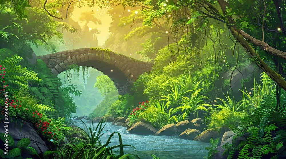 Stone bridge in a fantasy forest. Mystical pathway amidst enchanting woods.
Seamless looping 4k time-lapse virtual video animation background. Generated AI