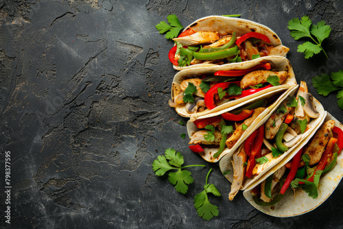 Vibrant Mexican tacos with fresh ingredients on a dark concrete background in a top view style