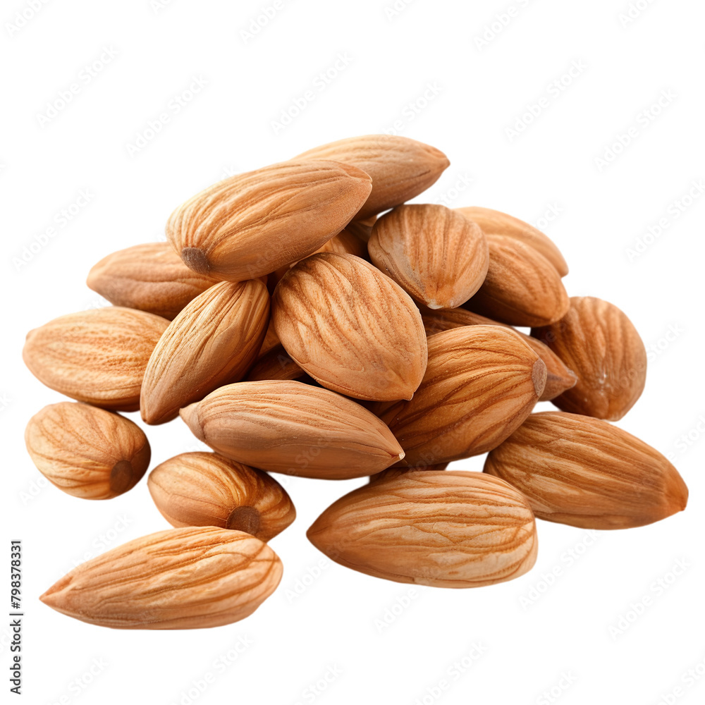A handful of raw almonds, their textures distinct and natural, transparent background, PNG Cutout A handful of raw almonds, their textures distinct and natural, transparent background, PNG Cutout