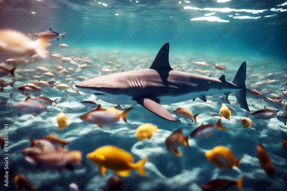 Obraz premium 'small ocean fishes shark fish dangerous leader leadership danger jaw sea nature animal wild white water great attack fin hero individuality crowd fierce swimming underwater teeth outdoors tour'