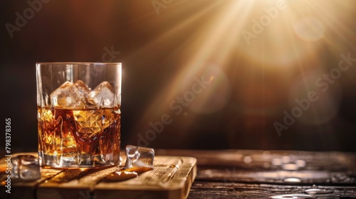 cover a glass of whiskey with ice cubes served on a wooden board. Antique table with spotlights and photocopied liquor glasses. showing intricate details