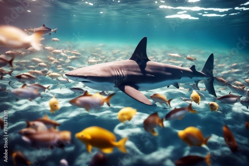 'small ocean fishes shark fish dangerous leader leadership danger jaw sea nature animal wild white water great attack fin hero individuality crowd fierce swimming underwater teeth outdoors tour' photo