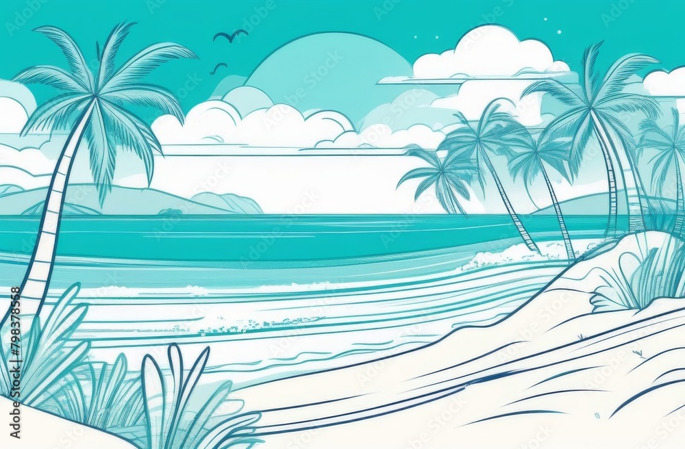 Background with seascape: sandy beach, turquoise water and palm trees