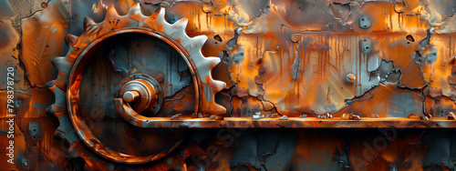 A surreal wall of rust, with a metal shelf and a big rusty cogwheel.