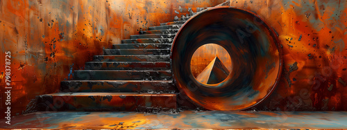 Step into a surreal absurd world to a rusty metal wall, where a mysterious hole reveals a rusty pyramid, and an impossible staircase takes you to new dimensions. photo