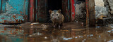 A rat scurries through the shadows of a gritty, decaying industrial landscape, embodying the resilience of urban wildlife.