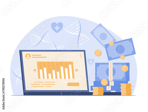Online Investment on Laptop Computer with Stack of Money for Healthcare and Medical Industry Investment Concept Illustration