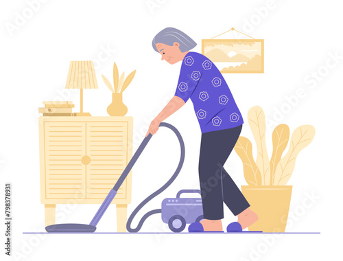 Senior Woman Cleaning House with Electric Vacuum Cleaner