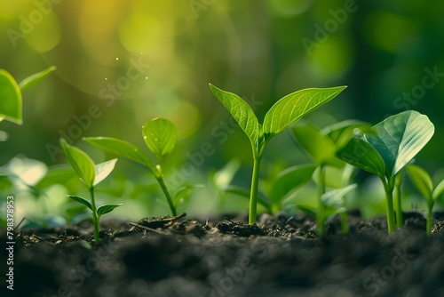 young seedlings in rich, dark soil with a sunlit bokeh background, conveying the concept of growth, new beginnings, and the nurturing environment provided by nature