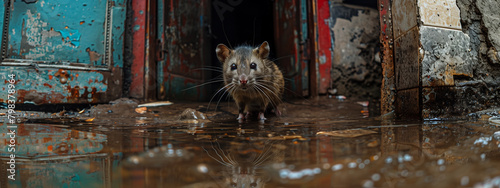 A rat scurries through the shadows of a gritty, decaying industrial landscape, embodying the resilience of urban wildlife. photo