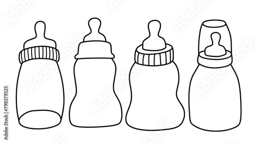 Hand drawn baby feeding bottle and pacifier set isolated on white background. photo