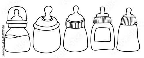 Hand drawn baby feeding bottle and pacifier set isolated on white background.
